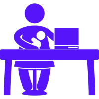 Line drawing of women at a desk with a computer while holding a baby. 