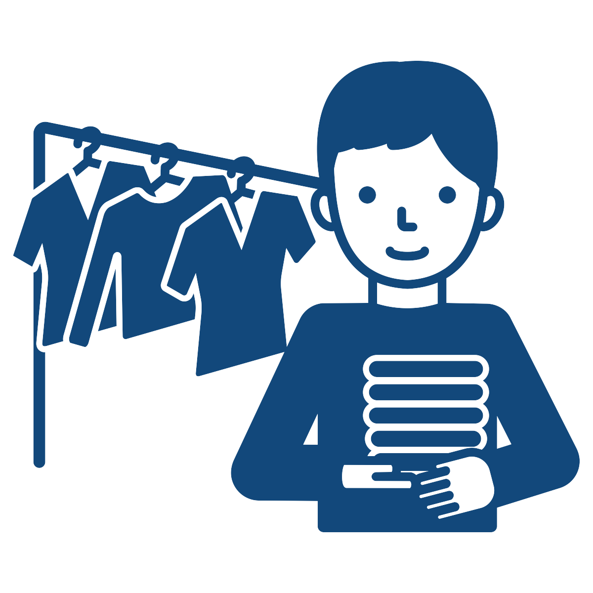 simple drawing of a man standing in front of a clothing rack with shirts hanging on it.