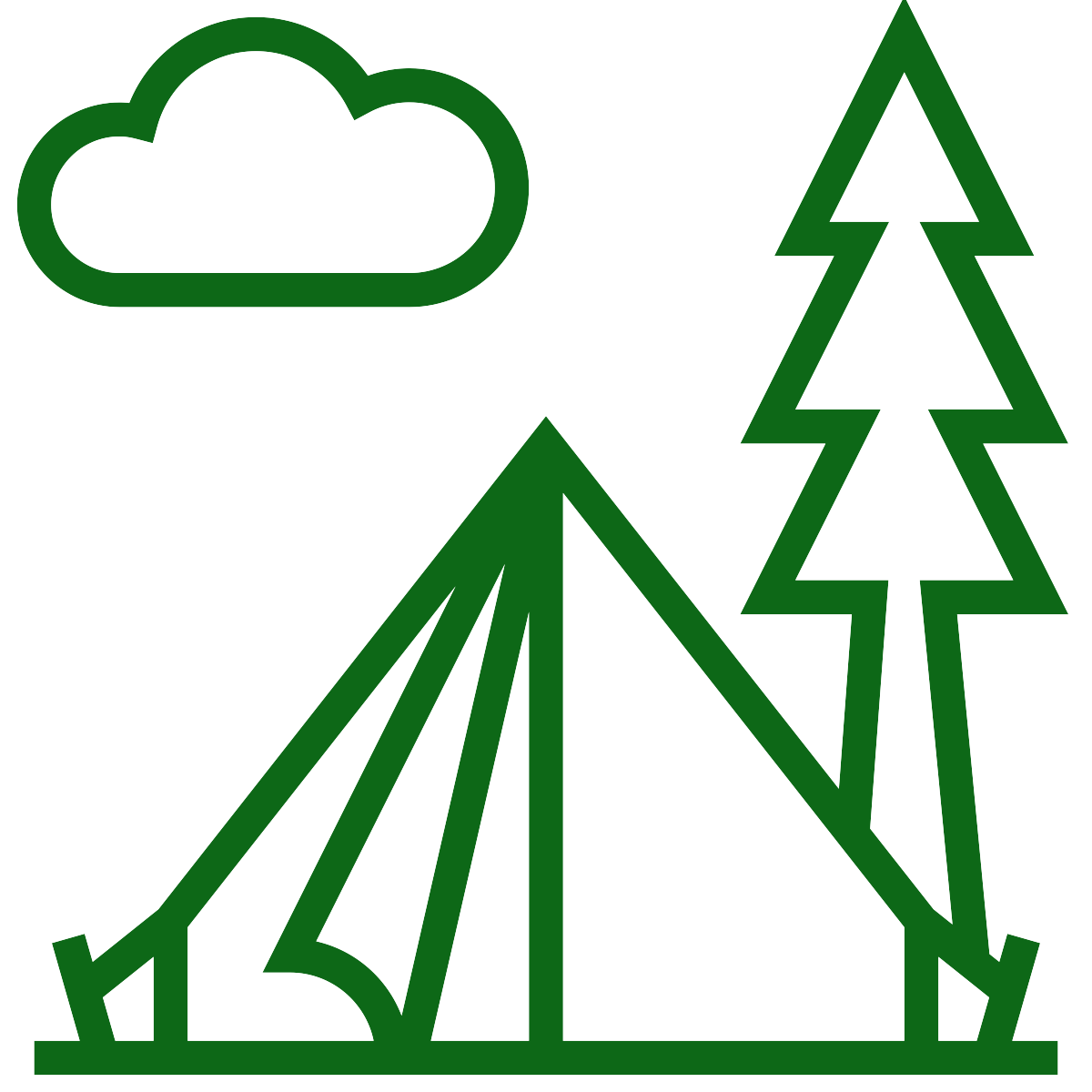 Line drawing of a tent next to a tree