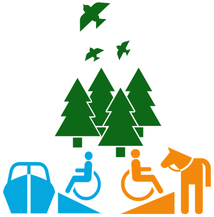 line drawing of a forest behind two people in wheelchairs -- one getting on a horse via a ramp, the other getting on a boat