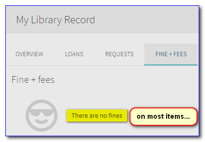 Screen capture of a portion of a library account screen with "There are no fines" highlighted.