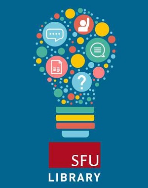 graphic of a lightbulb full of stylized communications symbols, above a logo for the SFU Library
