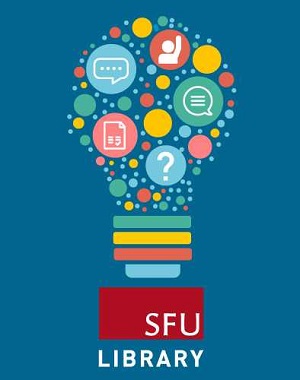 graphic of a lightbulb full of stylized communications symbols, above a logo for the SFU Library