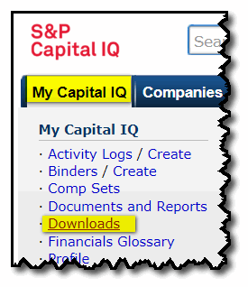 Screen capture showing the top-left corner of the web interface of CapIQ with highlights on the places to click to download the excel plug-in