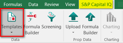 Screen capture showing the top navigation bar of the Excel Plug-in for CapIQ, with the Templates button circled in red.