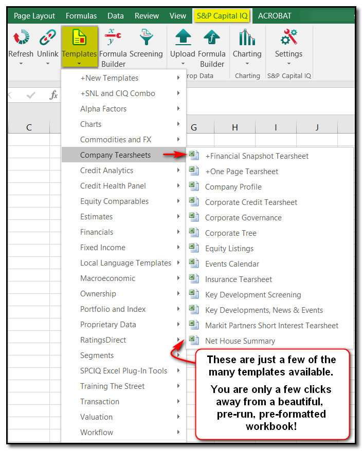 Screen capture showing the many categories of templates available in CapIQ's excel add-in.