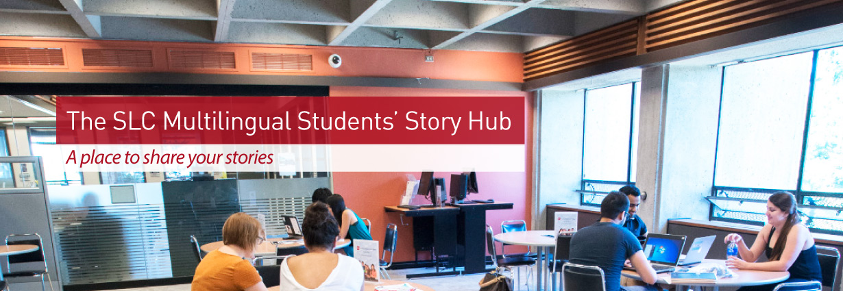 Multilingual Story Hub A hub of students talking and working on writing