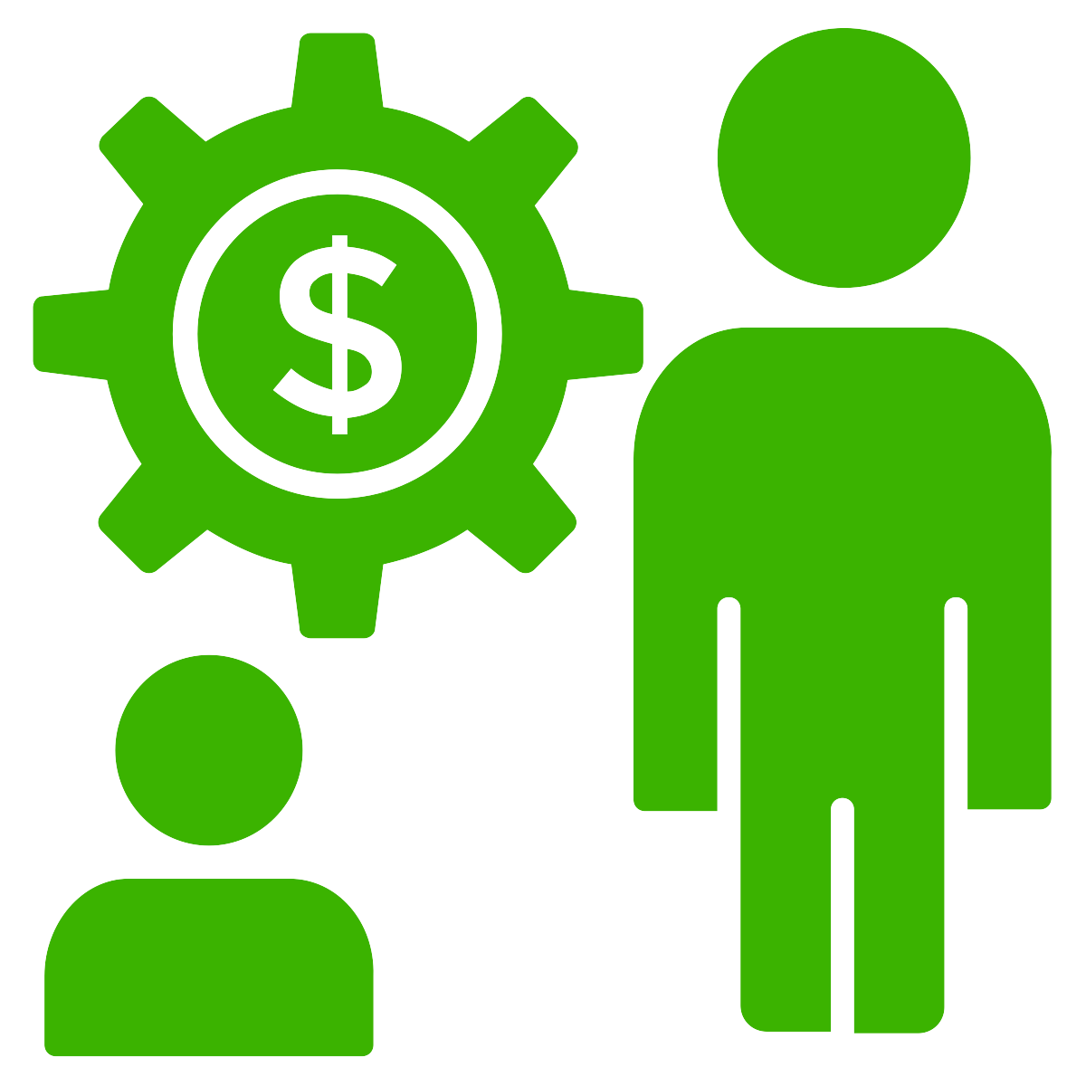 Simple drawing of a person next to a dollar sign, with a smaller person watching