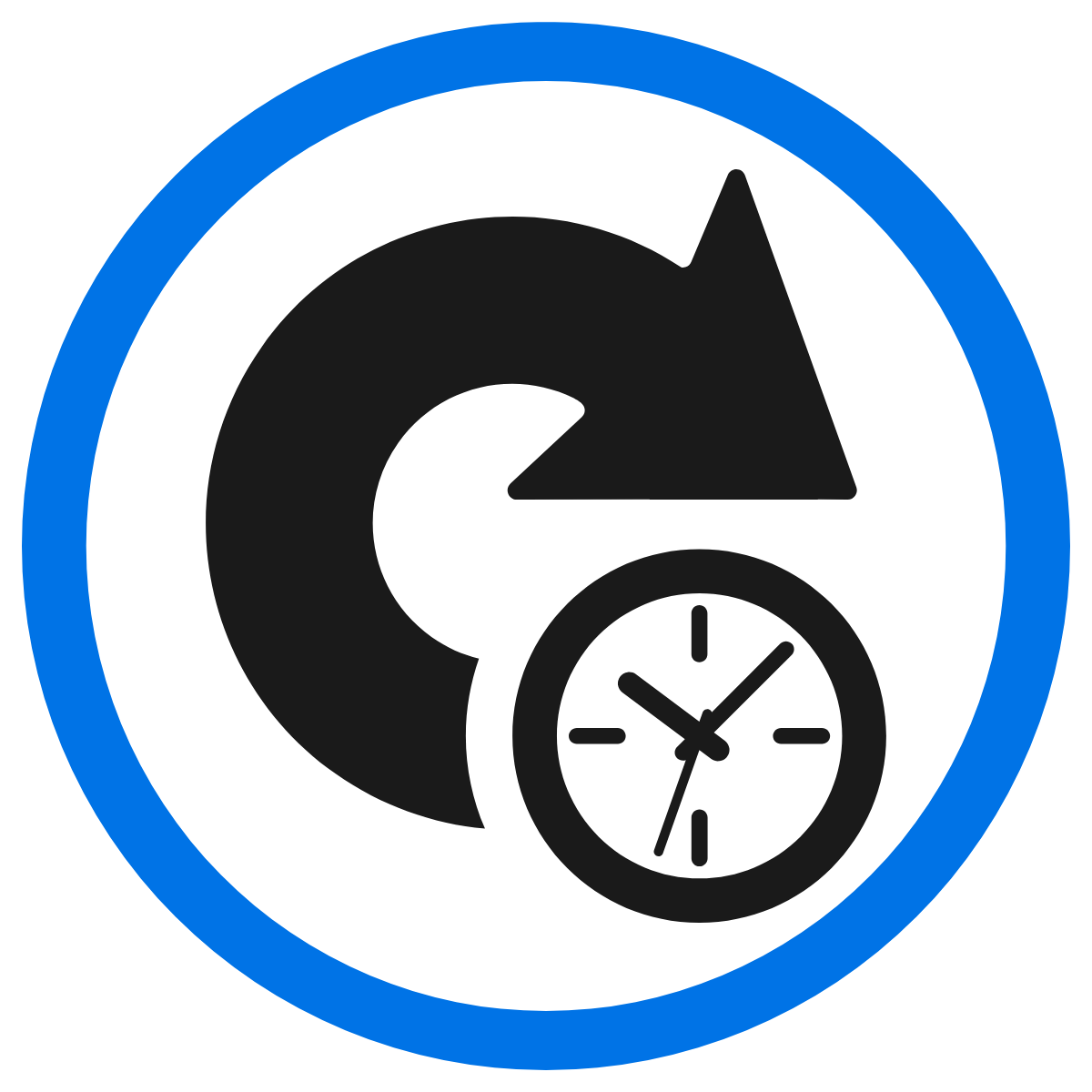 line drawing of a clock with a large arrow moving counter clockwise around the outside