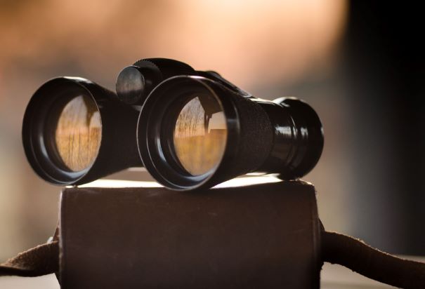 black binoculars sitting on a brown case