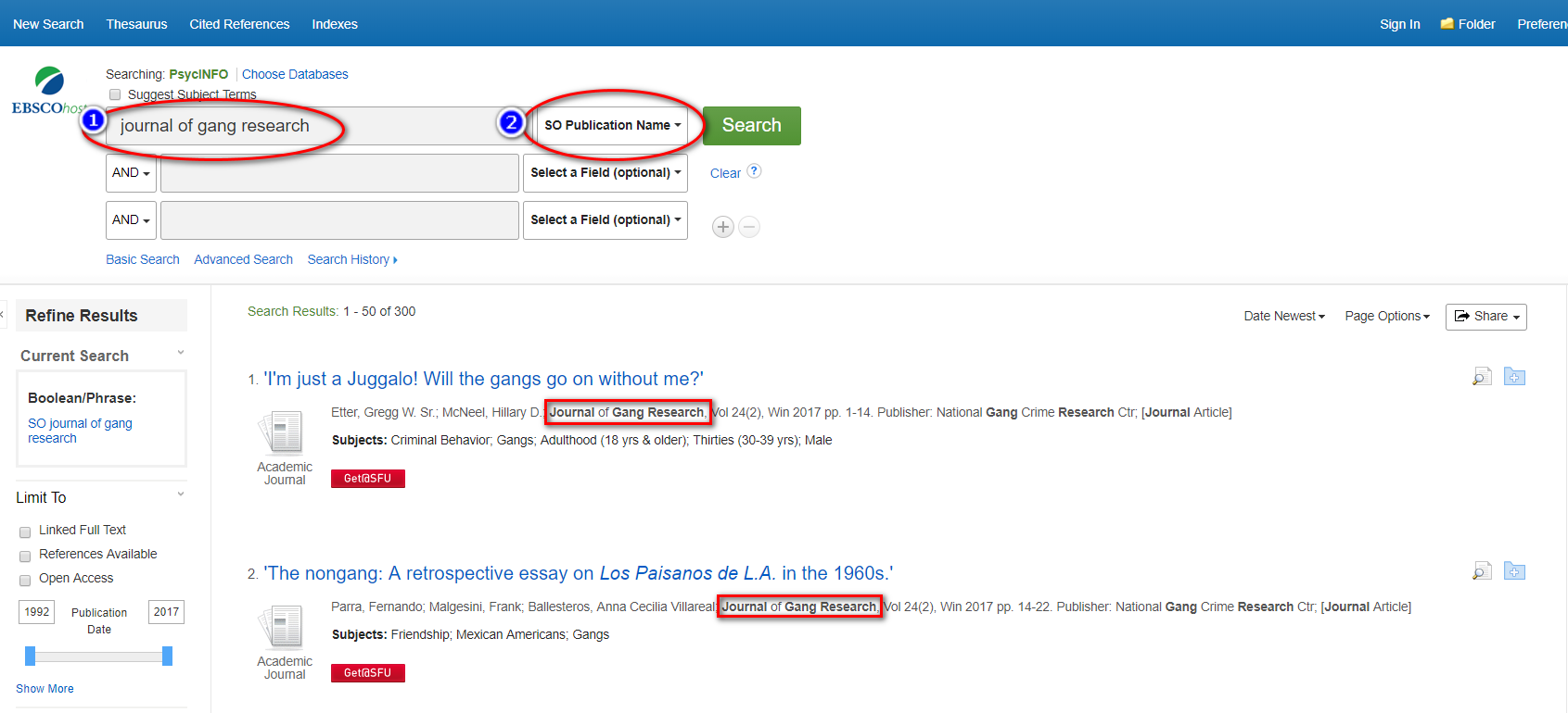 Screenshot of the PsycINFO database, highlighting the ability to search within a specific journal (example: journal of gang research).