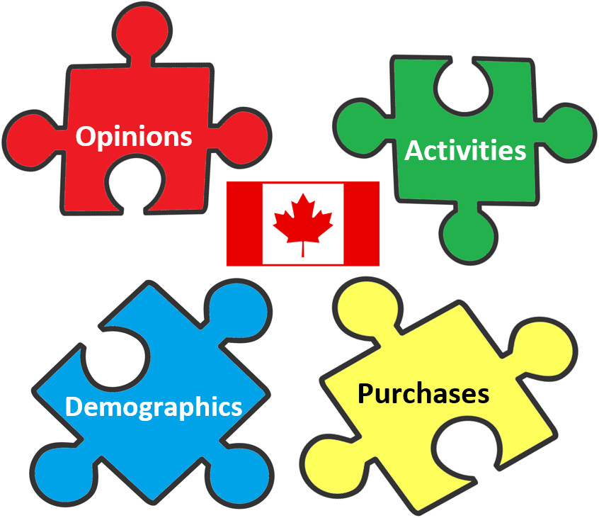 Four puzzle pieces with a Canadian flag in the middle. Puzzle pieces are labeled: Opinions, Activities, Demographics, and Purchases.