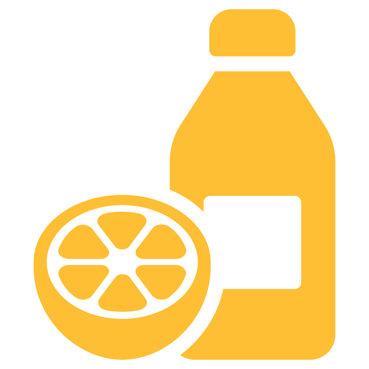 basic drawing of an orange-coloured bottle next to a orange that has been cut open