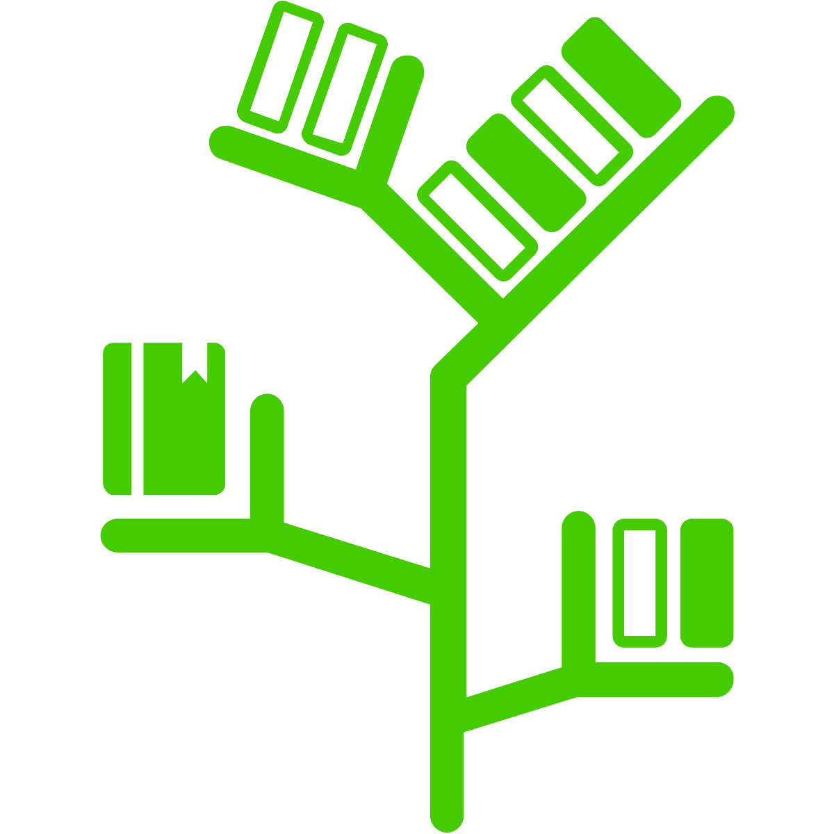 line drawing of a green book shelf shaped somewhat like a tree
