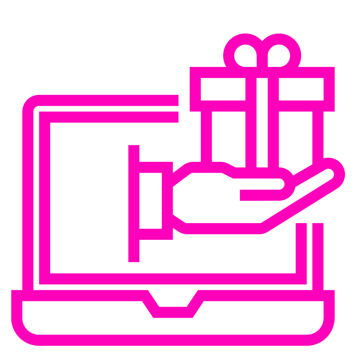line drawing of a hand holding a wrapped gift coming out of a laptop screen - colour is dark pink