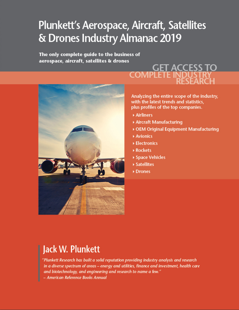 Cover of Plunkett's Aerospace, Aircraft, Satellites & Drones volume. Links to fulltext.