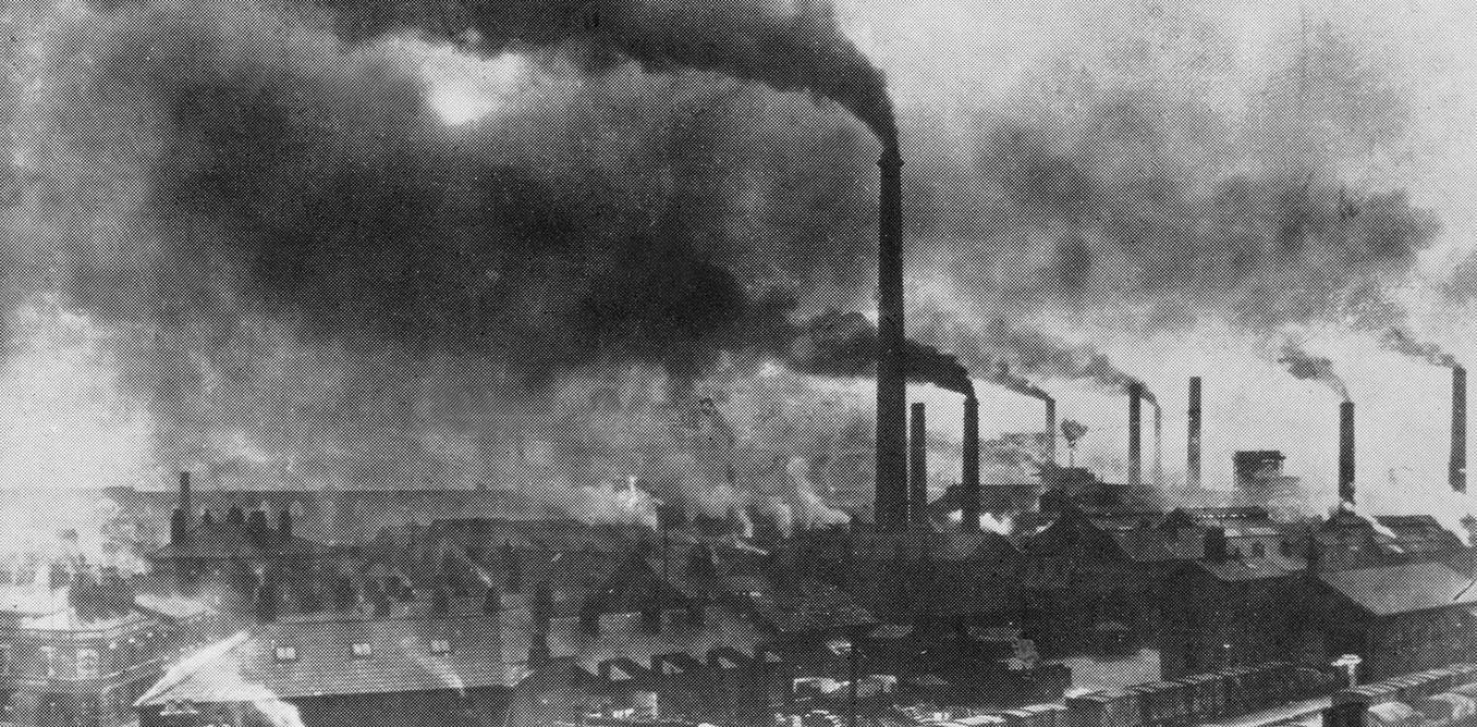 Photo from late 19th Century of polluting smokestacks in Widnes, England. 
