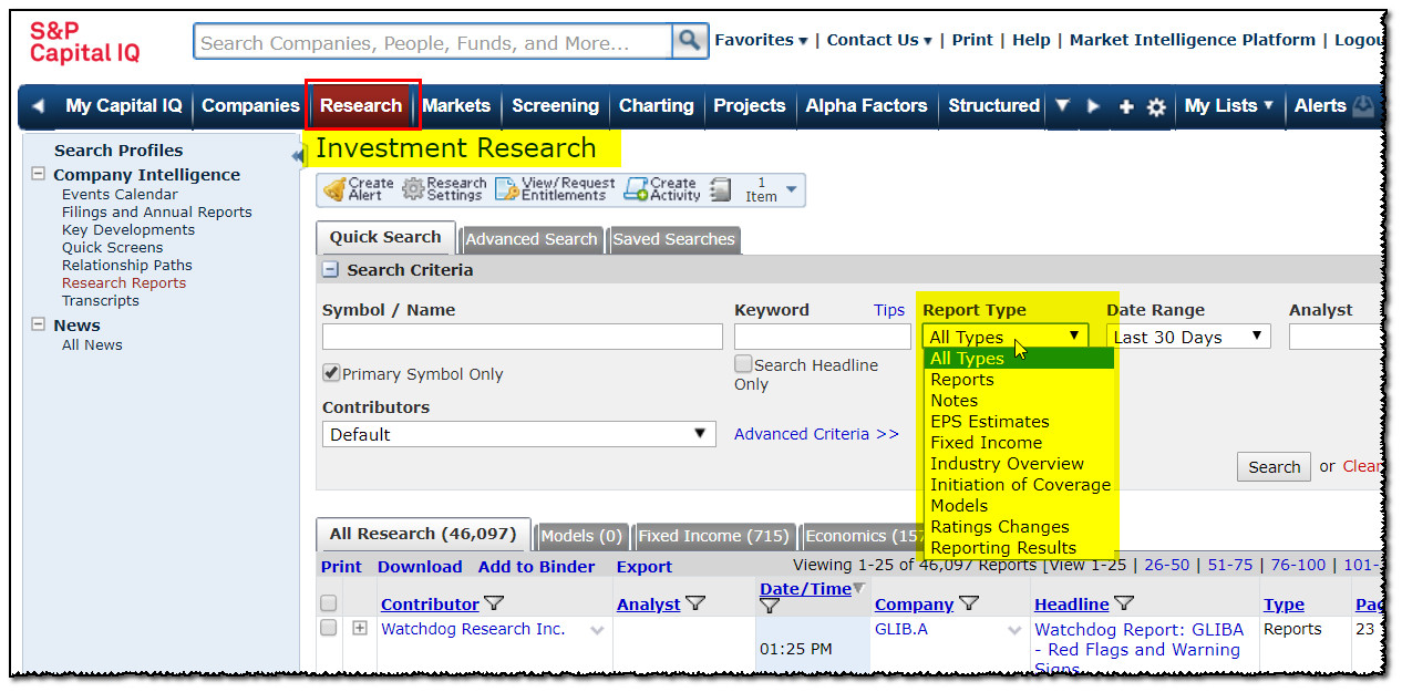 how to find equity research reports on capital iq