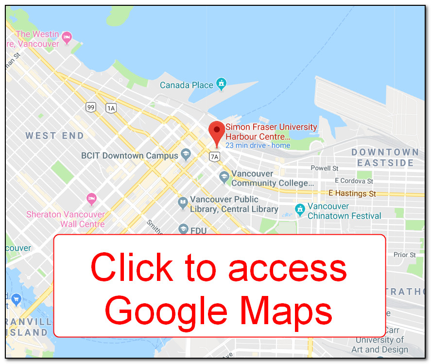 Small map of downtown Vancouver. Click to link to Google Map showing location of SFU Harbour Centre building.
