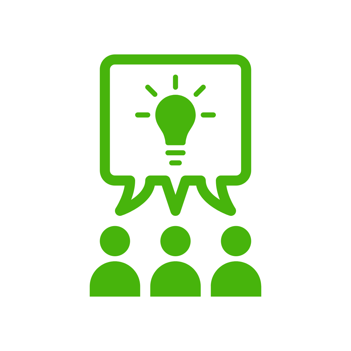 Line drawing of three people with a single lightbulb above them