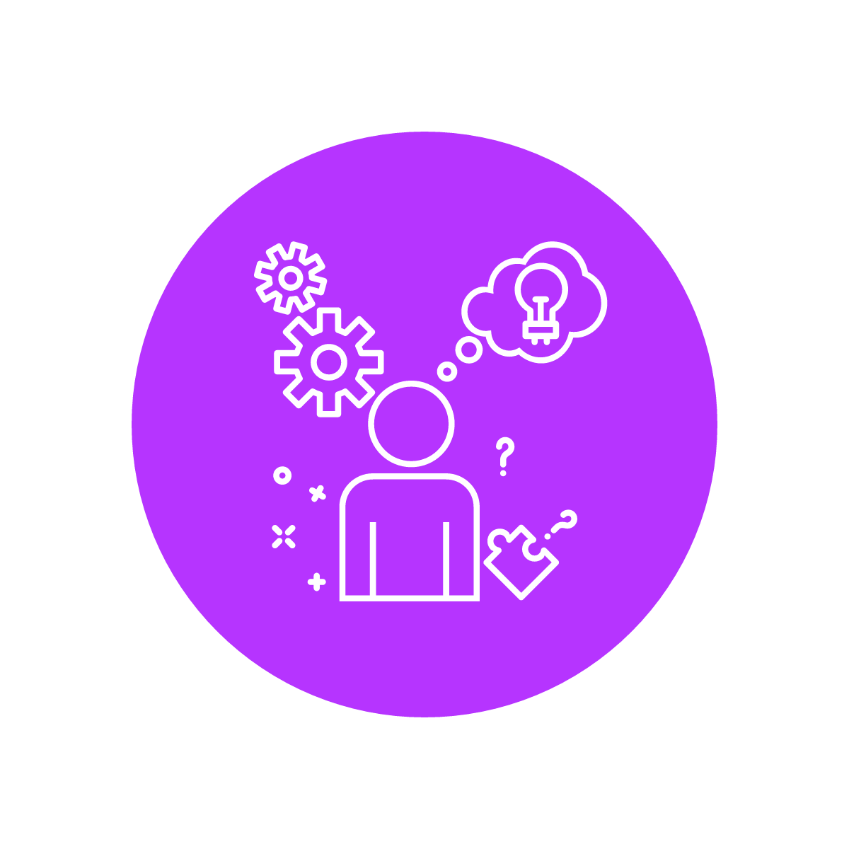 Line drawing of a person surrounded by gears, a lightbulb, and a puzzle piece