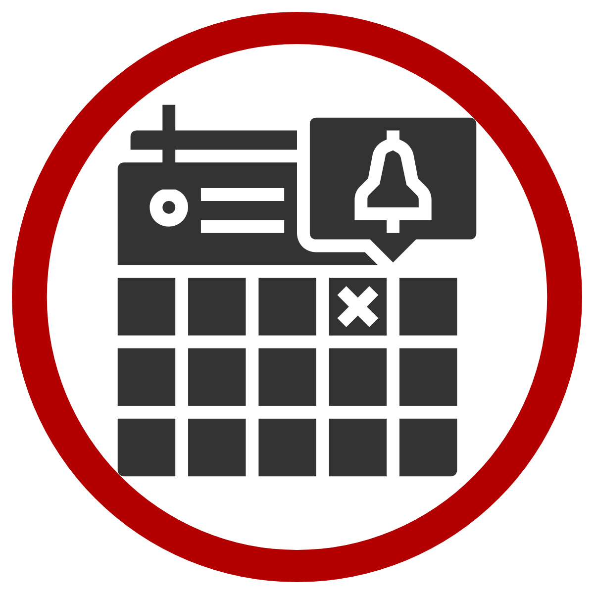 drawing of a calendar with a letter x on one date and a bell above it