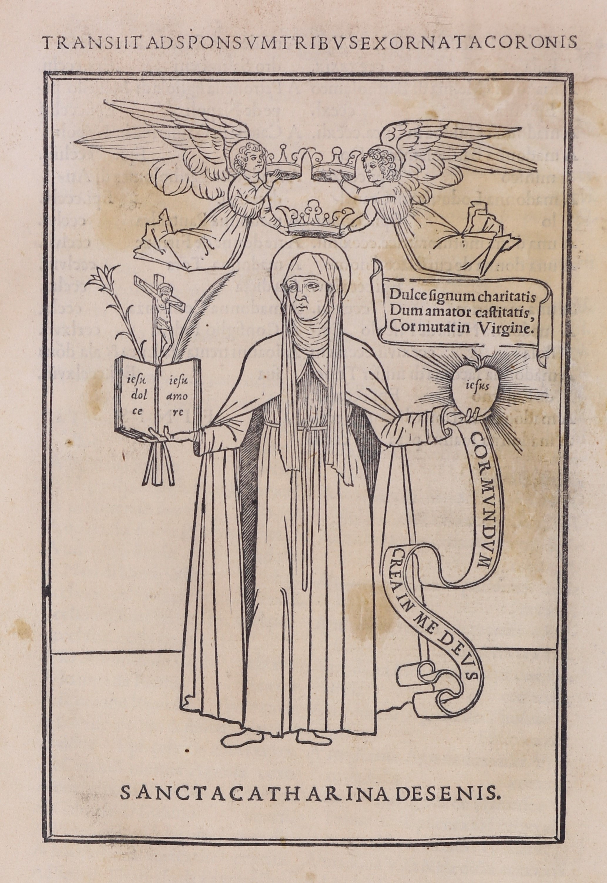 Woodcut illustration of St Catherine holding a book in her hand