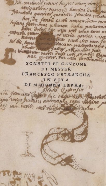 Front page of a book covered with marginalia in brown ink.