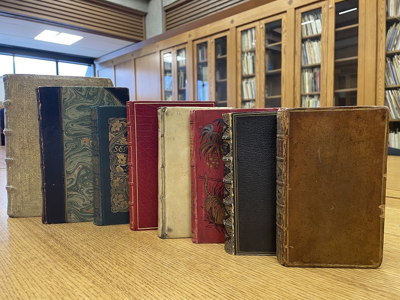 books with various bindings lined up in the row on the table