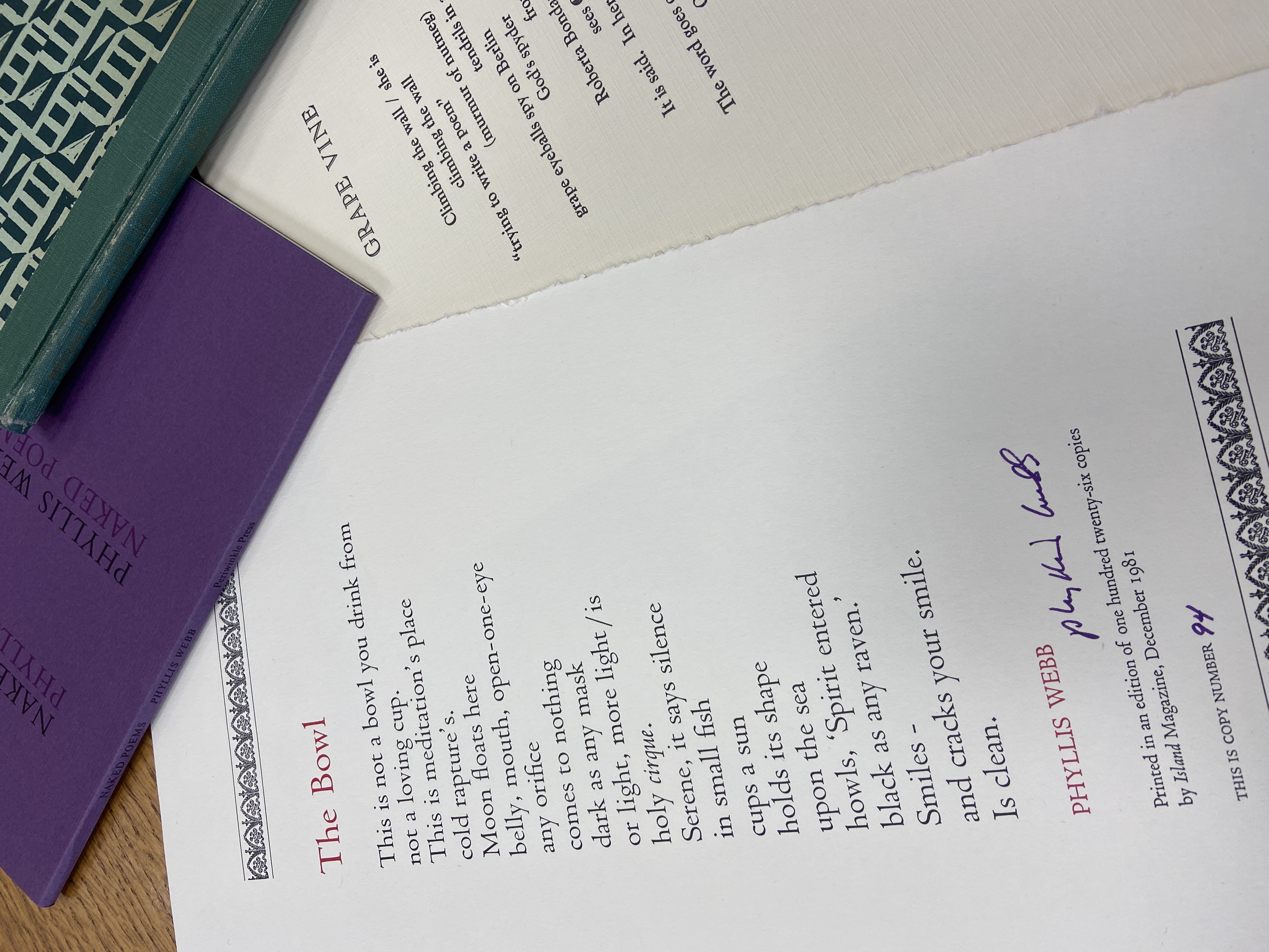 Editions of Phyllis Webb's Naked Poems, Even Your Right Eye, and two broadsides of Grape Vine and The Bowl