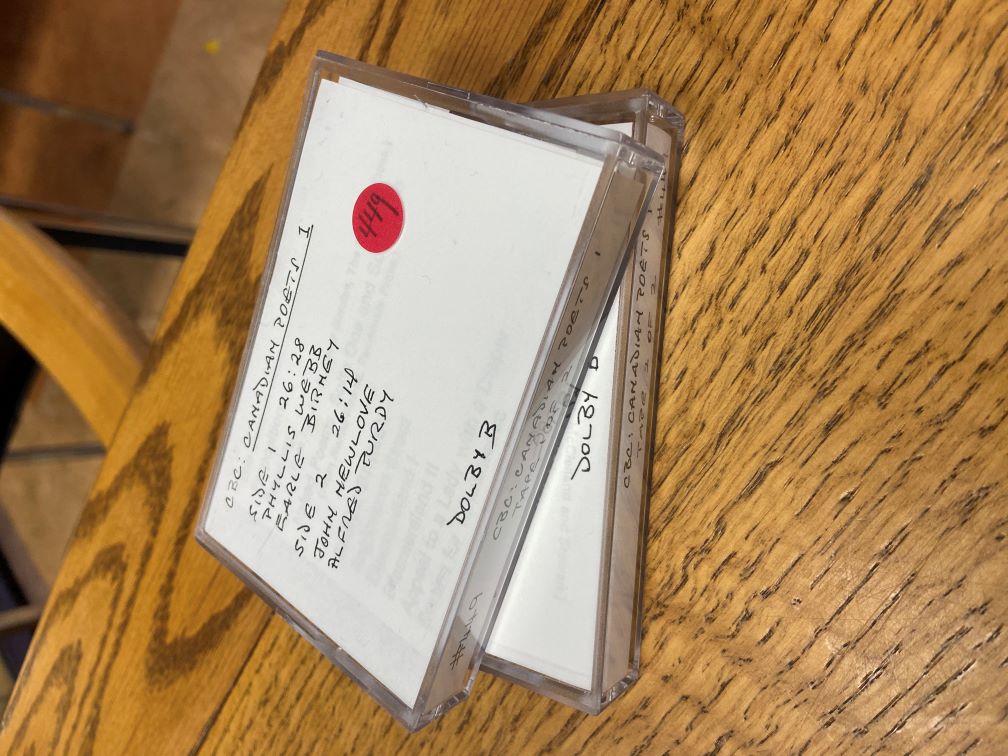 Two cassette tapes of a recording of several Canadian poets, including Phyllis Webb, for the CBC in 1965