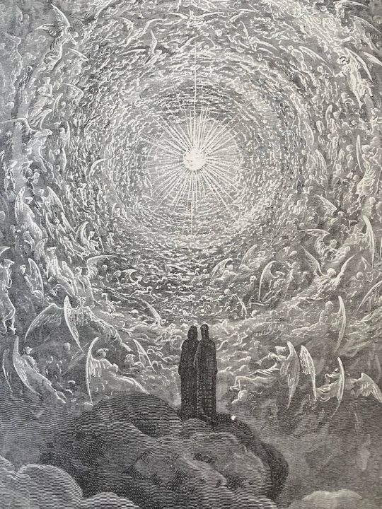Celestial rose, illustration by Gustave Doré, Dante is looking towards circles of angels