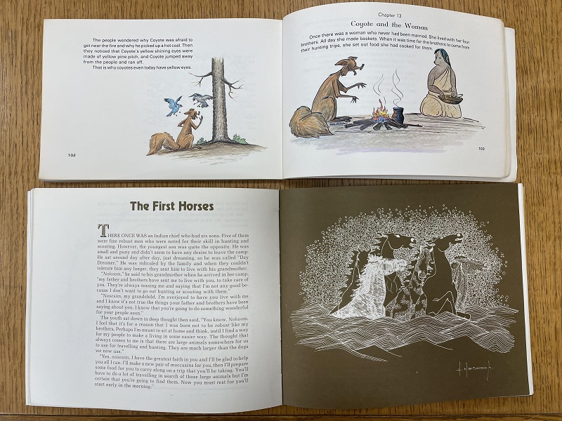 Open books of Coyote stories and Medicine Boy and other Cree tales