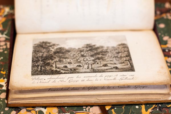 Second French edition of the Voyage of George Vancouver, depicting an engraved illustration of an abandoned village in Australia