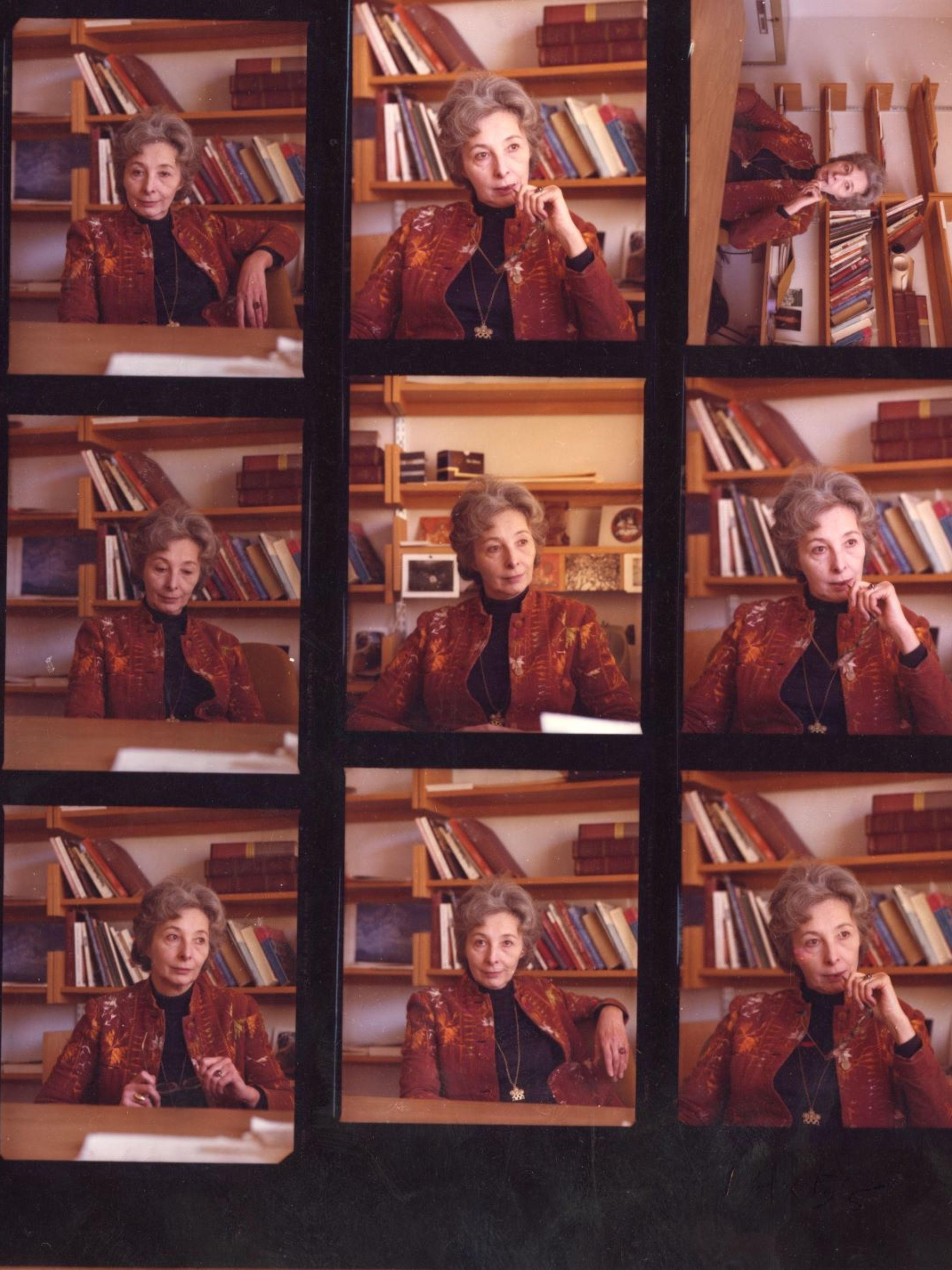 A contact sheet of headshots of Phyllis Webb, 1981. Photographs by Fred Katz
