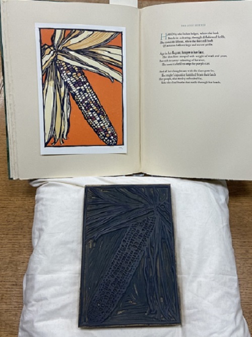 Corn linocut by Jim Rimmer for Shadow River: The Selected and Illustrated Poems of Pauline Johnson (Tekahionwake) 