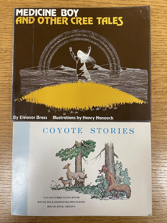 2 books on the table: Coyote Stories and Medicie Boy and other Cree Tales