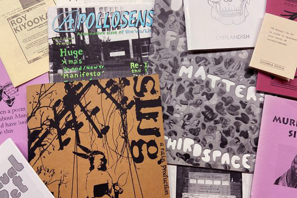 Eleven different contemporary zines layered on top of each other, including feminist zines, literary zines, compilation zines, personal zines (perzines) and others.