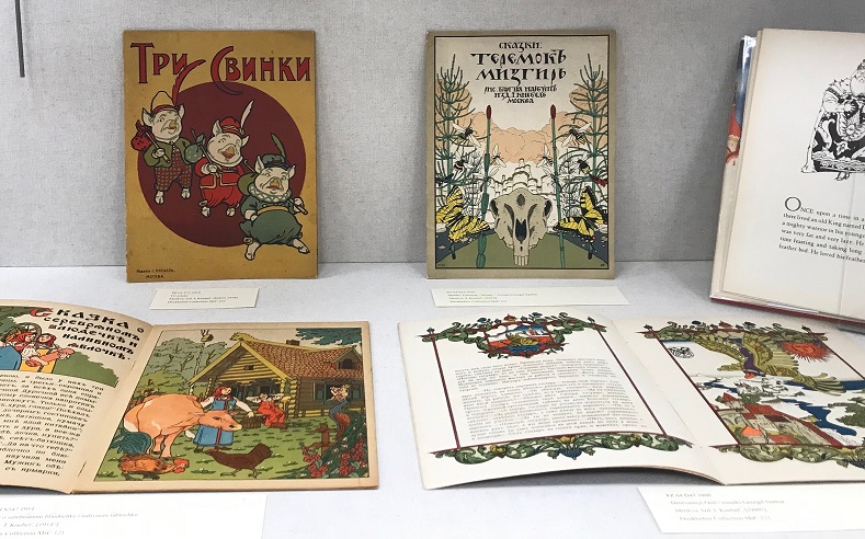 photo of illustrated books exhibit including Russian fairy tales