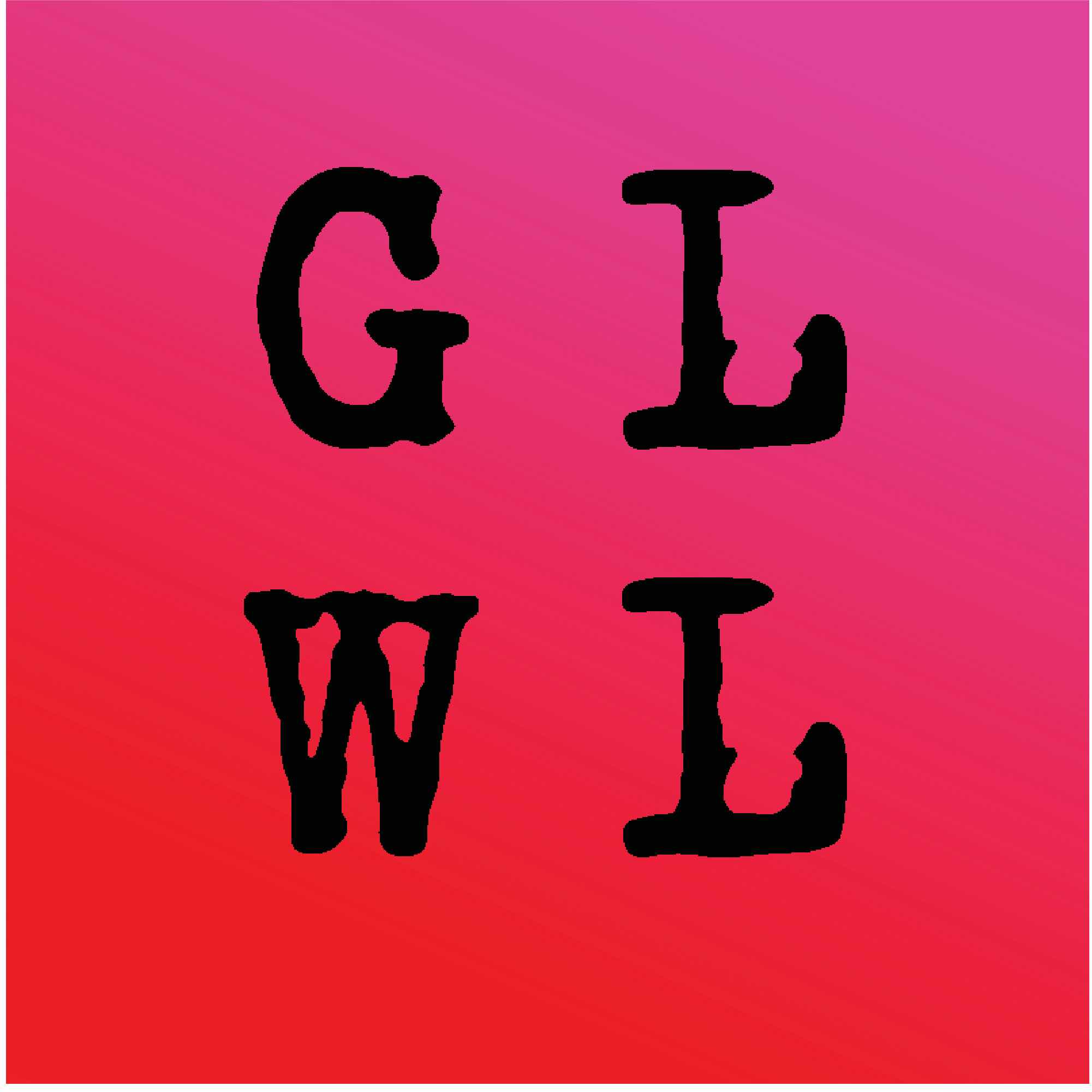 Podcast cover on a pink and reddish background featuring the letters "GLWL," an abbreviation for "Getting Lit with Linda".