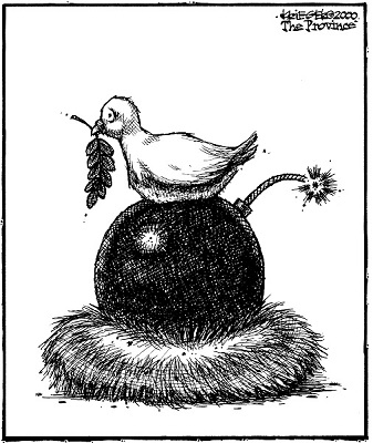 Bob Krieger cartoon - Dove sitting on a bomb