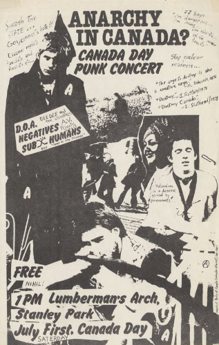 A punk rock handbill in black and white using collage techniques: "Canada Day punk concert, 1 pm Lumberman's Arch, Stanley Park." With DOA, Negatives, Subhumans. 