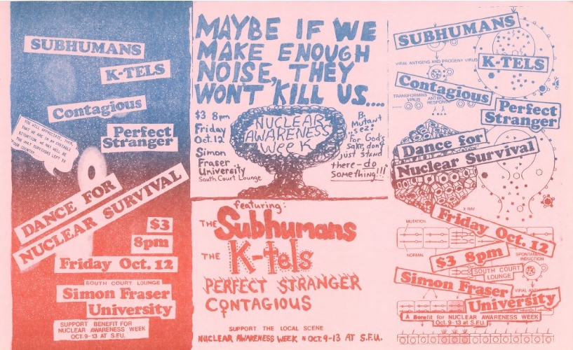 A punk rock handbill in pink with blue and red gradient, using collage techniques and hand-drawn art: "Subhumans, K-Tels, Contagious, Perfect Stranger, Dance for Nuclear Survival, $3, 8pm, Friday Oct. 12, South Court Lounge, Simon Fraser University. Support benefit for Nuclear Awareness Week Oct 9-13 at S.F.U."