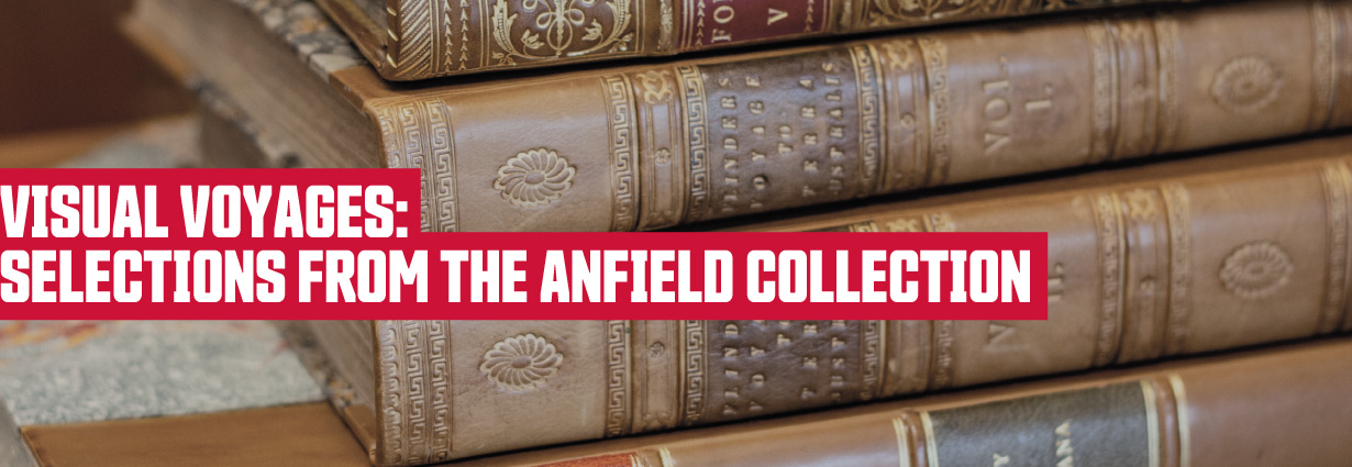 Visual Voyages banner image featuring editions with ornate bindings from the Anfield Collection stacked on top of one another
