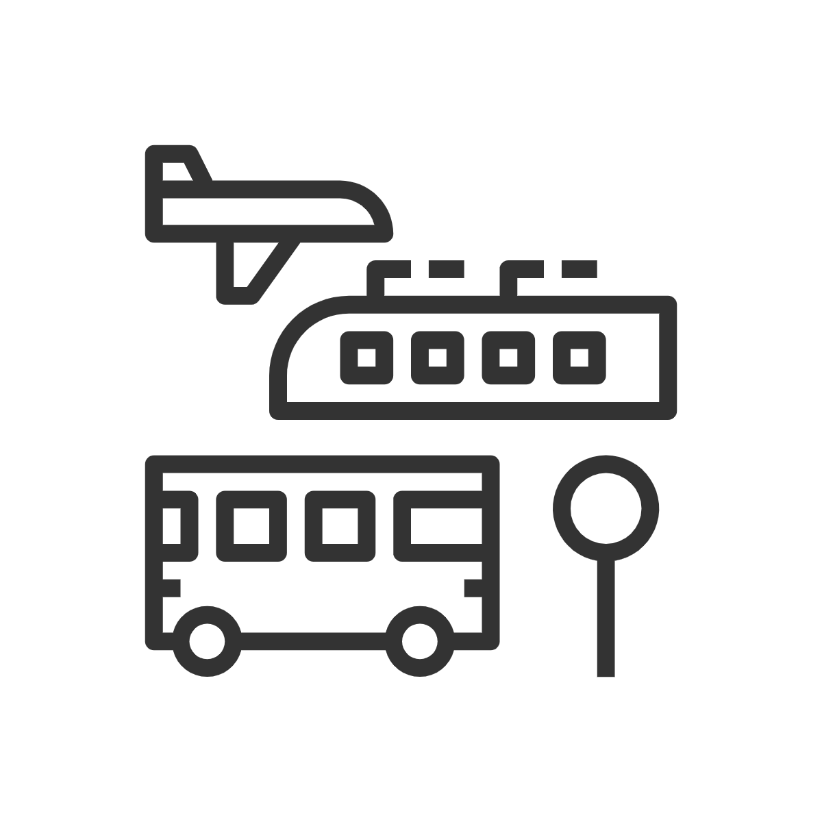 line drawing of a plane, a bus, a train, and a traffic sign