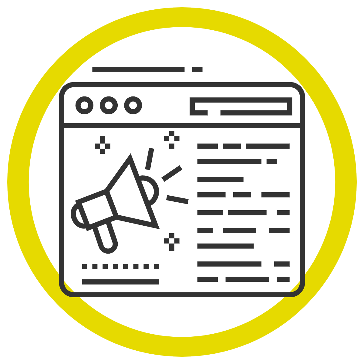 line drawing of a page or screen with text and a megaphone on it