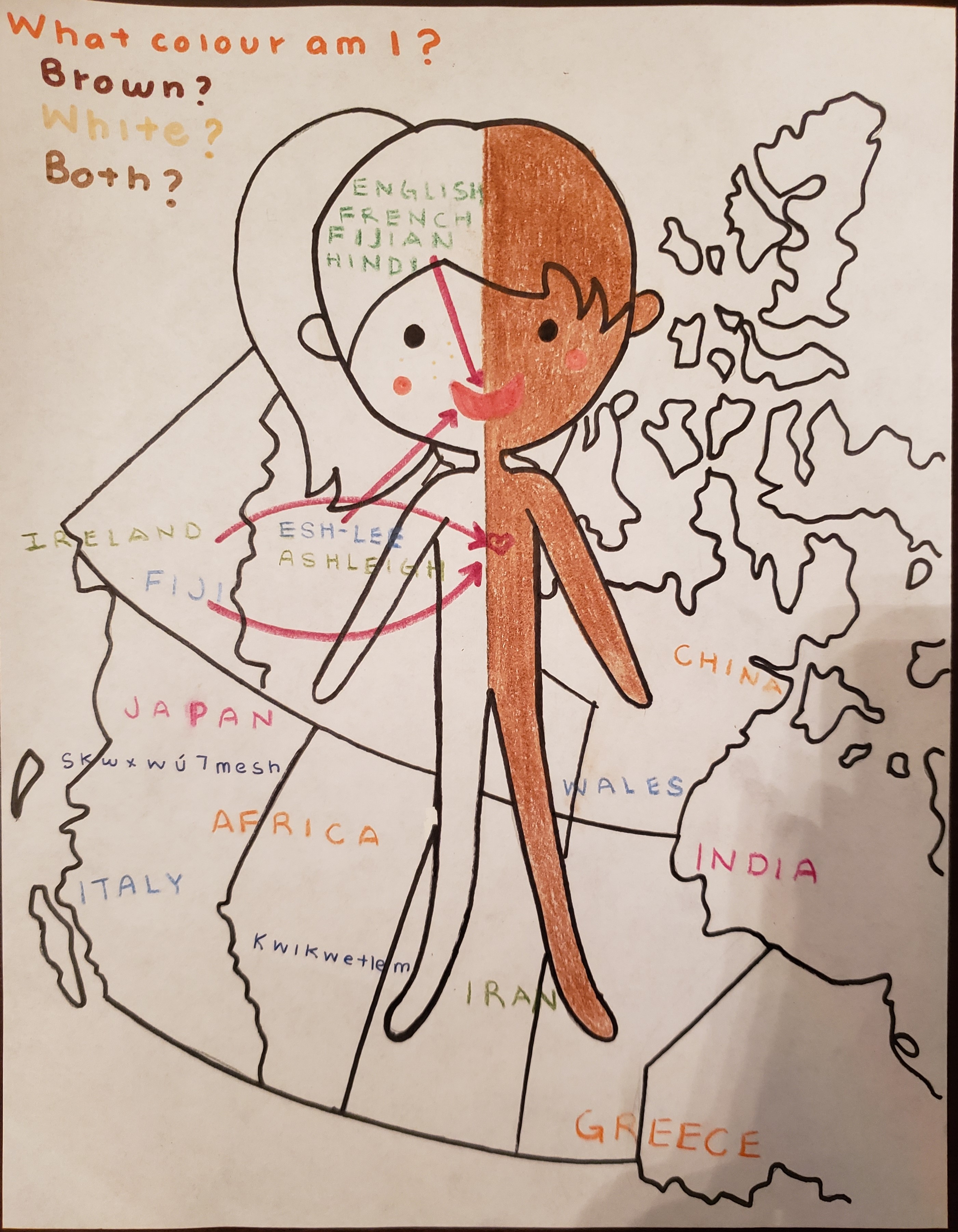 Ashley's Plurilingual Identity drawing. Image shows a stick figure standing in front of a map of Canada (with place names from around the world). Text reads: What colour am I? Brown? White? Both?  Over the head, the stick figure has the words "English, French, Fijian, Hindi." The names Esh-lee and Ashleigh are also written on the image. 