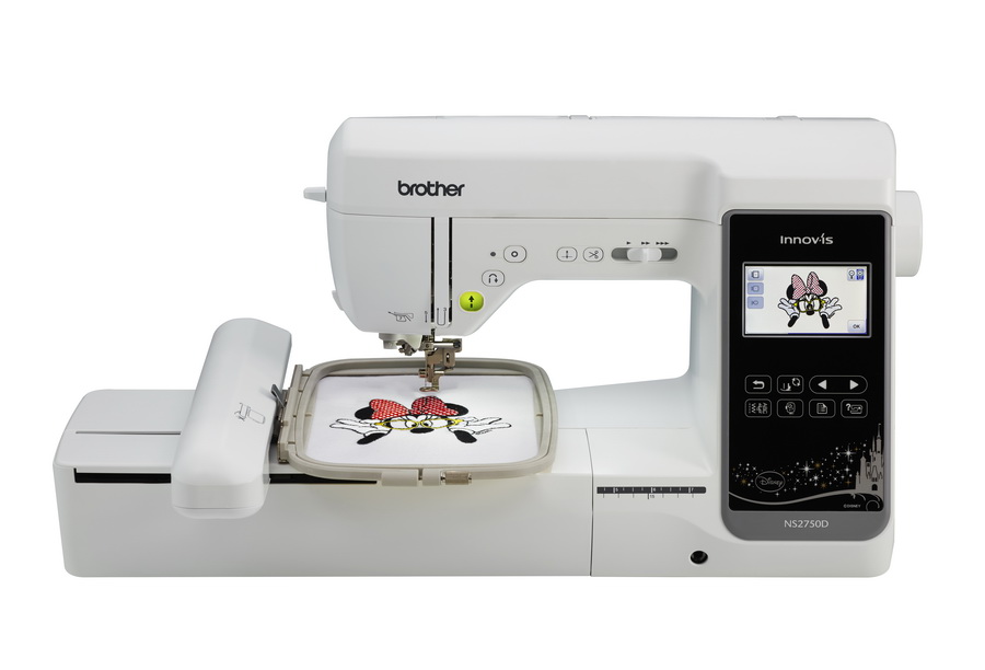 Sewing machine creating embroidery of an image of Minnie Mouse. 