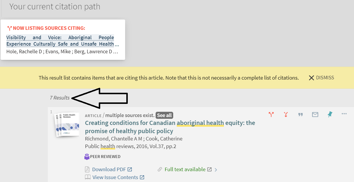 Forward Citation Chaining: By clicking on Citing This, you will see who cited the article. We received 7 results. 