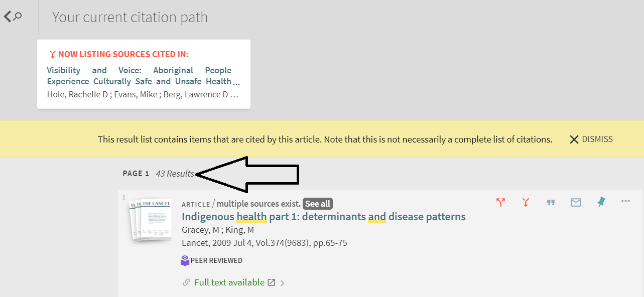 Backward Citation Chaining: By clicking on Citing in This, you will be directed to a new page. You will be able to see how many sources the author cited as well as links to those sources. For our article, we received 43 results.